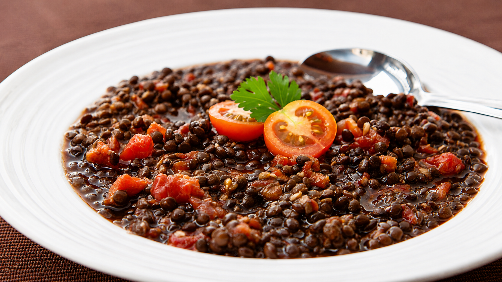 Hearty black lentil soup served in a bowl with vegetables and fresh herbs.