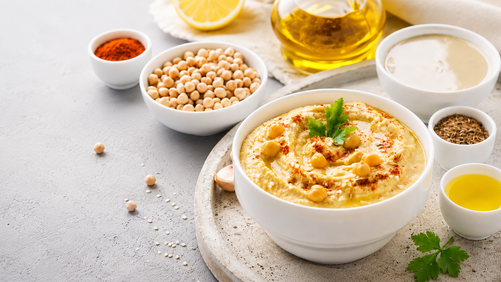 Creamy homemade hummus topped with chickpeas, olive oil, and fresh herbs.